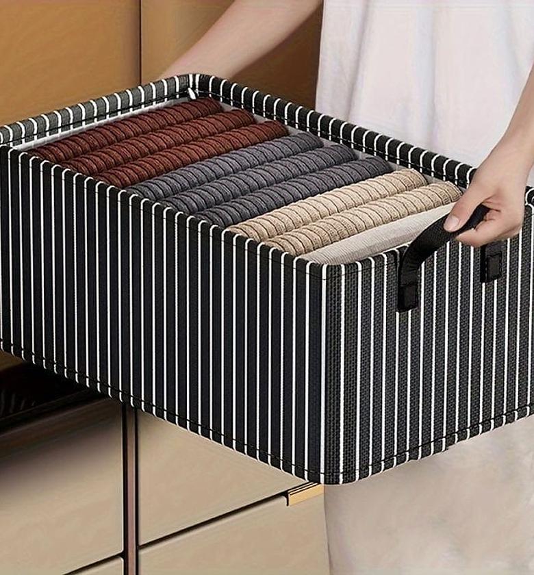 Modern Striped Fabric Closet Storage Bin with Pull Handle image