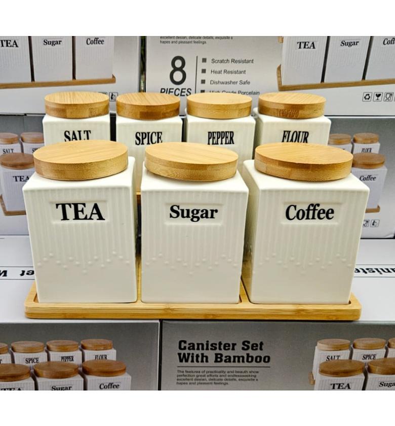 7-Piece Ceramic Kitchen Canister Set with Bamboo Lids & Stand image