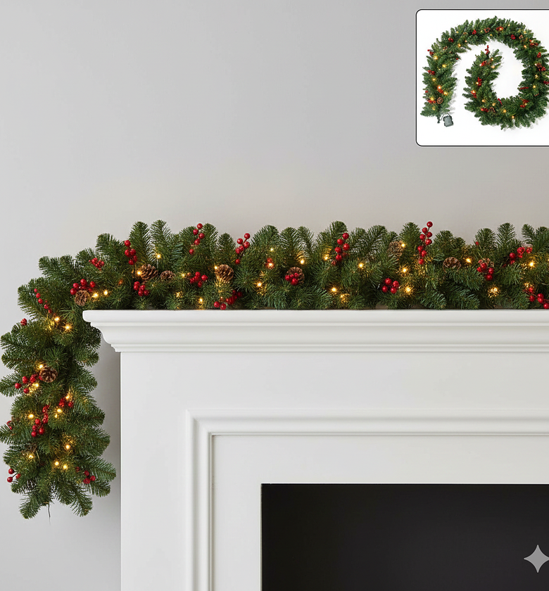 Pre-Lit Christmas Garland, Berries, Pinecones image