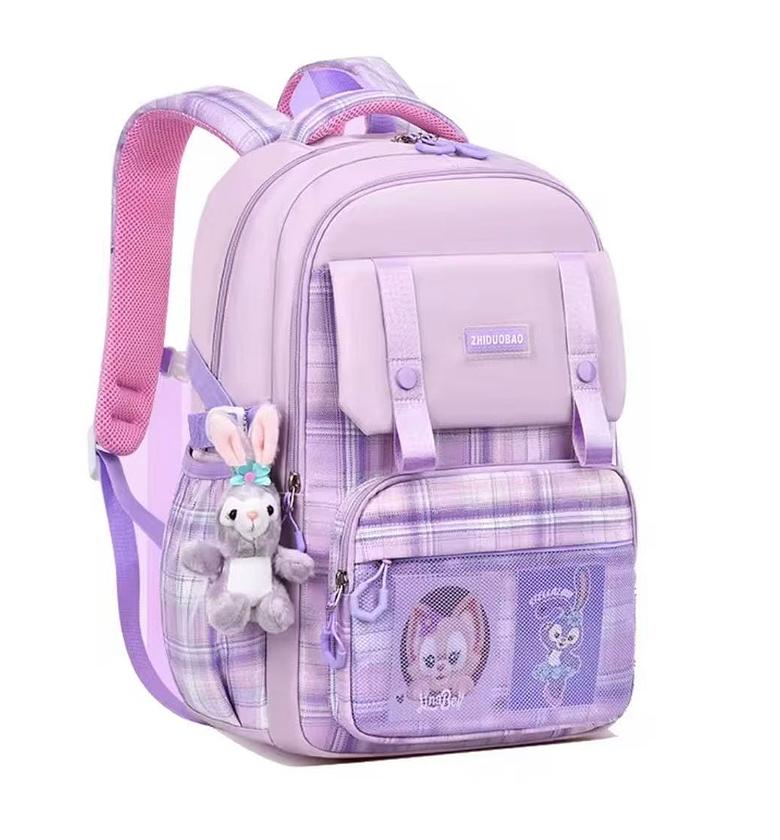 Cute Plaid Kids School Bag/ Backpack with Plush Charm - Grade one to Grade four image