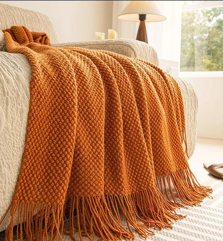 Knitted throw blanket. image