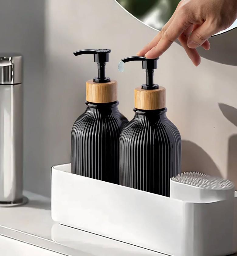 Modern Ribbed Black & Bamboo Soap Dispenser image