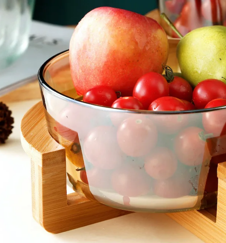 Elegant Glass Salad Bowl with Wooden Base image