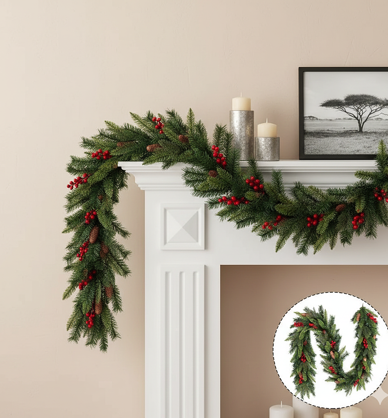 Christmas Garland 2.5m with Red Berries and Pine Cones image