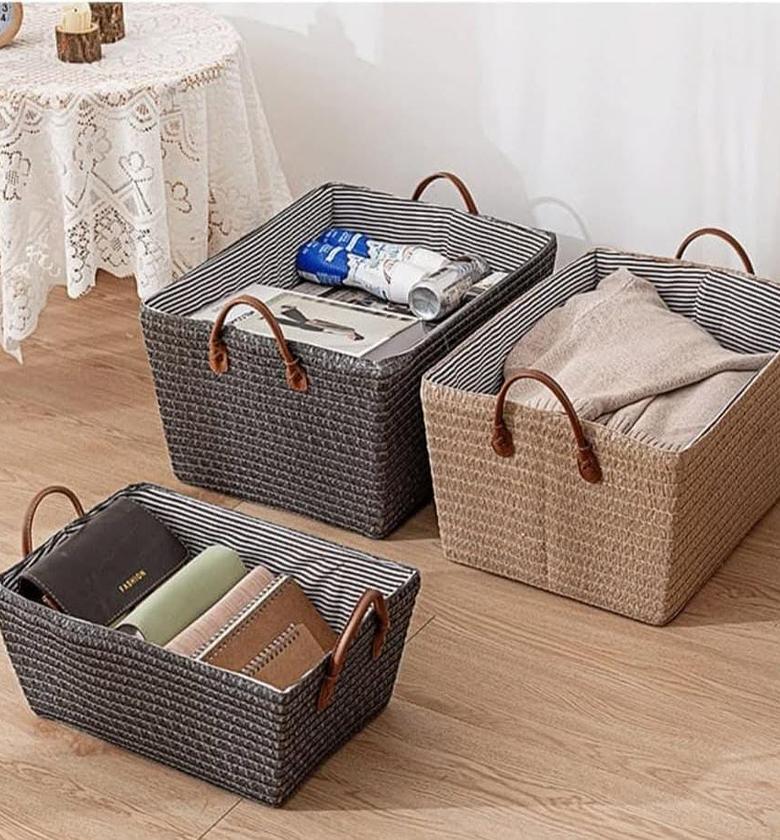 Large foldable woven basket with inner lining. image