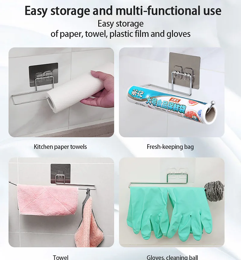 Stainless Steel Wall Mounted Multi-Functional Kitchen Paper Towel Holder Roll Rack for Bags & Gloves image