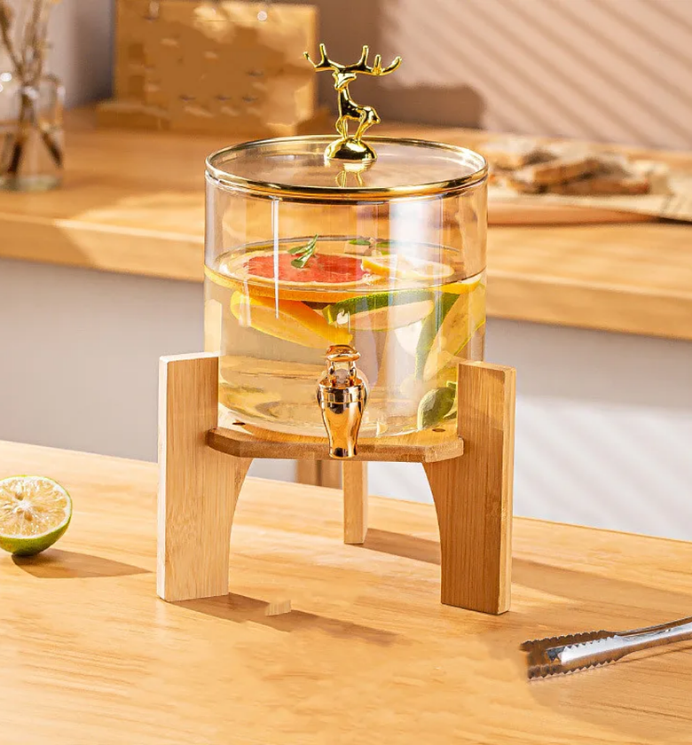 Glass Beverage Dispenser with Wooden Stand & Deer Accent – 5.5L image