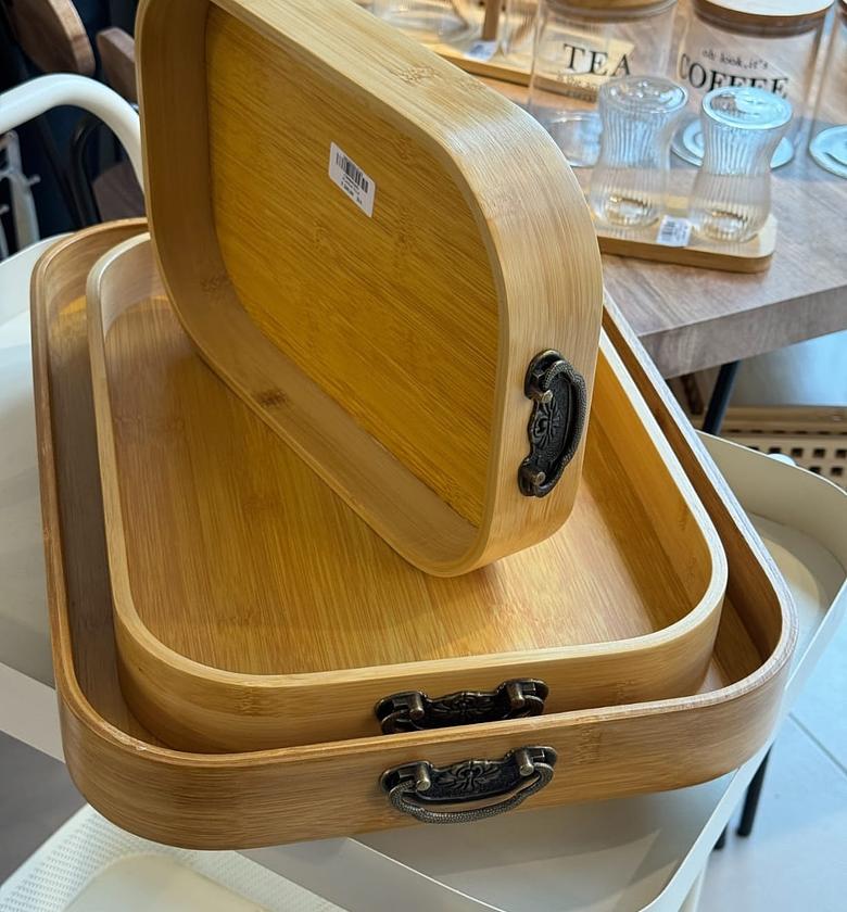 3-Piece Bamboo Serving/ Decor Tray Set with Antique Metal Handles image