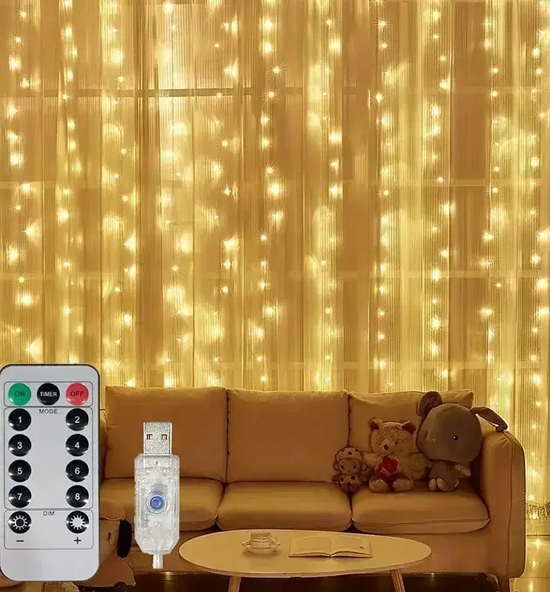 Warm White Christmas Curtain Fairy Lights with Remote image