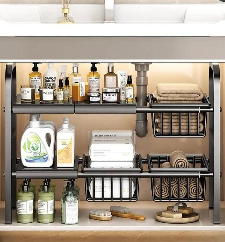 Two tier under the sink organizer with storage basket. image