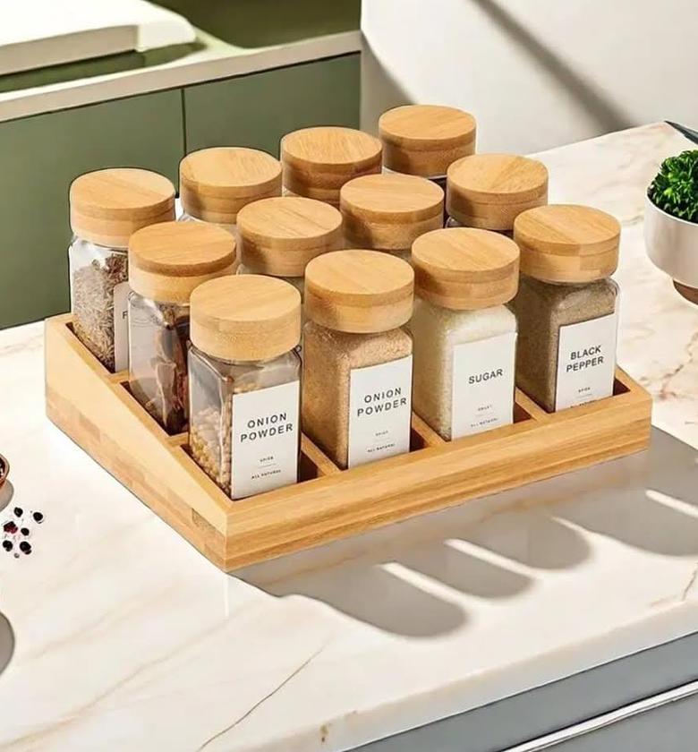 Spice jar set. 12pc Spice jars, bamboo tray/holder, labels, funnel and brush. image