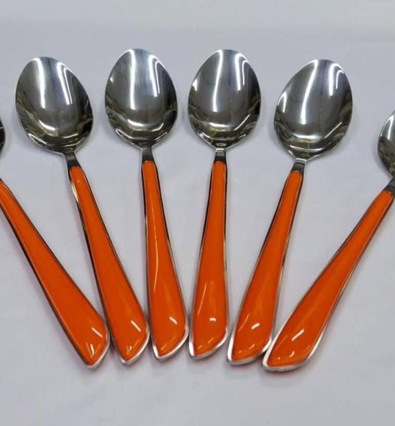 6pcs heavy gauge table spoons with colored handles. image