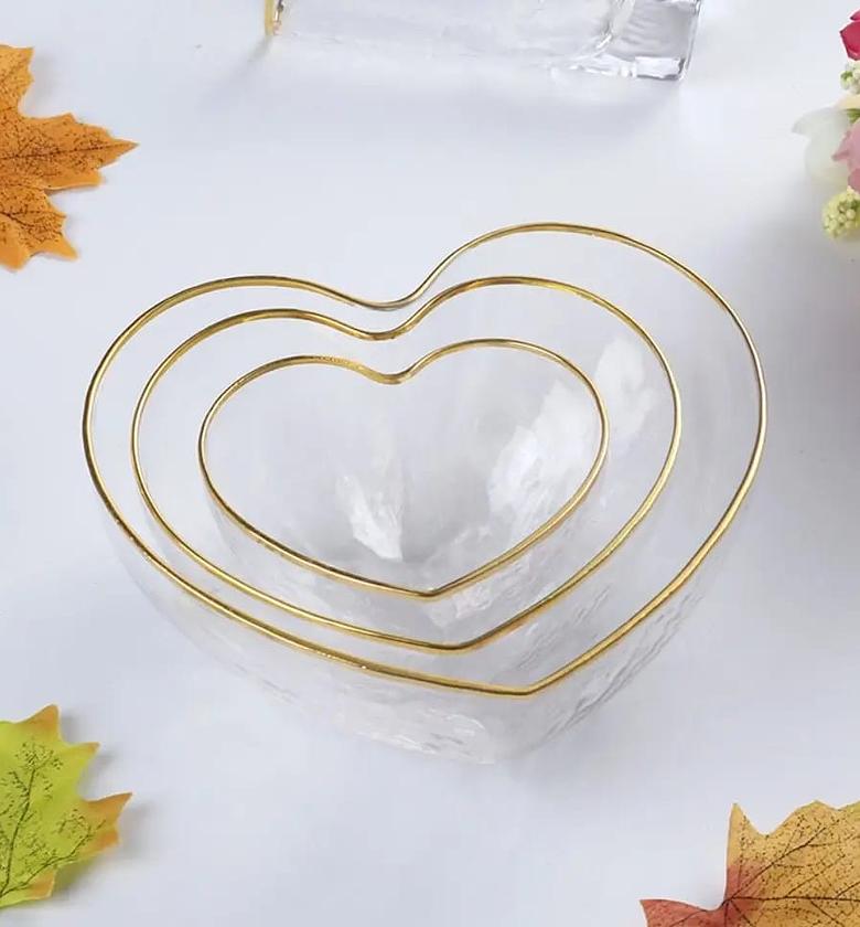 3pcs Heart-Shaped Golden Trim Hammered Pattern Glass Salad Bowl, image