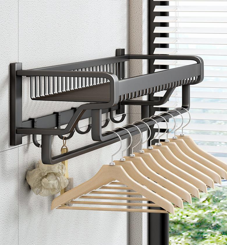 Bathroom wall mounted towel rack accessory with hooks image