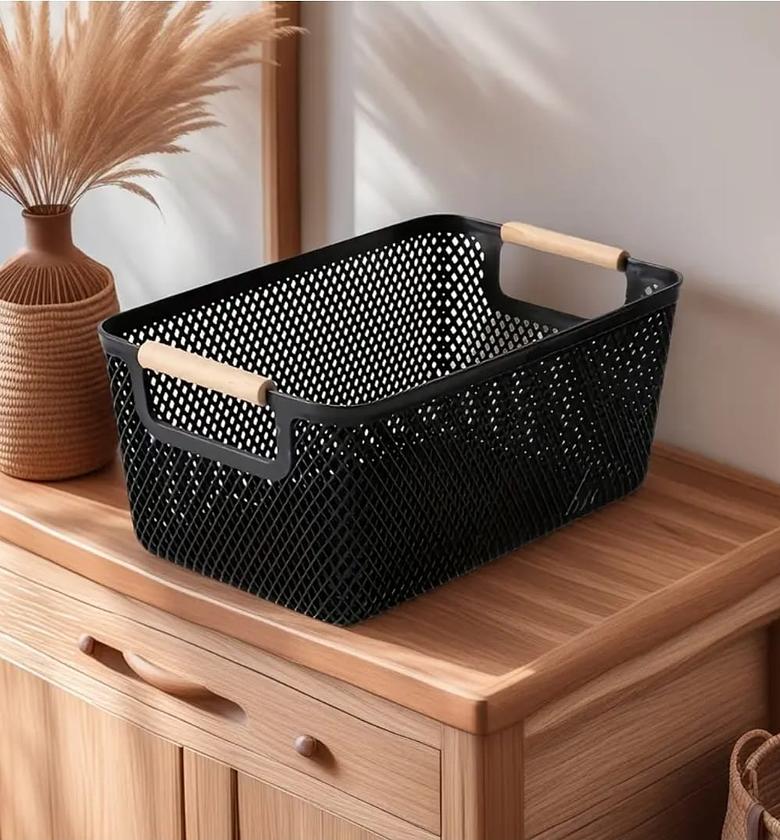 Large Hard Plastic Storage Basket with Wooden Handles – Black image