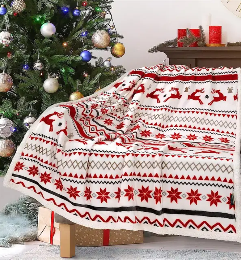 Christmas Themed Sherpa Fleece Throw Blanket – 150cm x 2000cm image