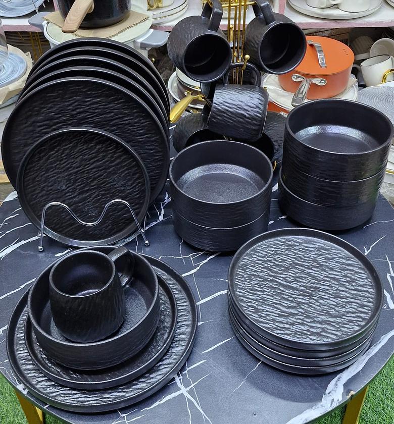 24-Piece Matte Black Rock-Glazed Ceramic Dinnerware Set image