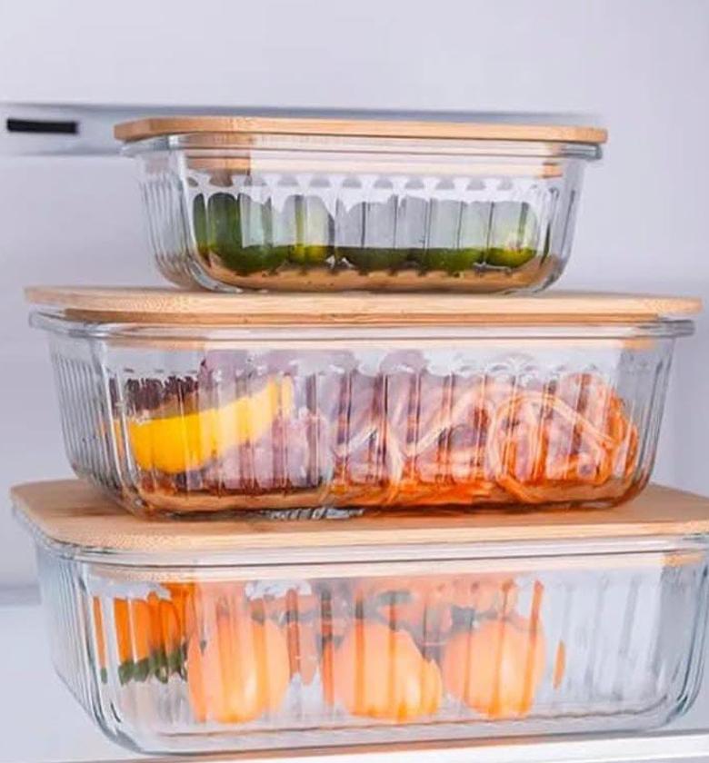 3pcs ribbed heavy glass dishes with bamboo lids image