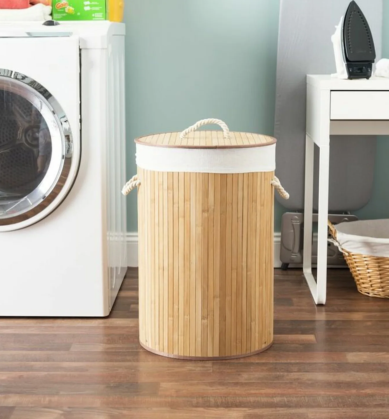 Collapsible Bamboo Woven Laundry Hamper with Cloth Liner and Lid image