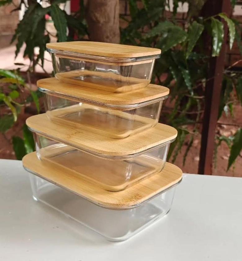 Set of 4 rectangle glass containers with bamboo lids image