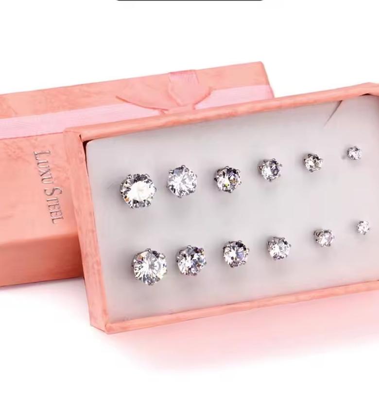 6 pairs of Small stainless steel, zirconia and studs. image