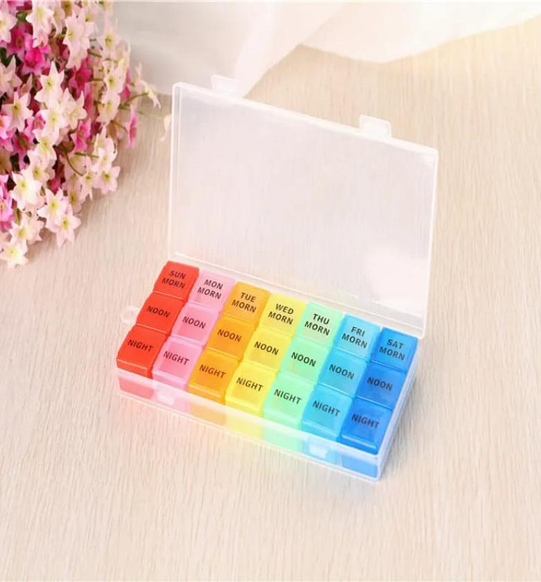 7 Day Weekly Pill Organizer 21 Compartments Moisture-Proof Medicine Storage Box for Supplements & Medication - Rainbow Color  image