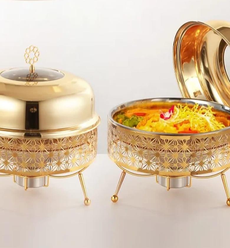 8L Deluxe Golden Round Chafing Dish – Elegant Buffet Food Warmer image