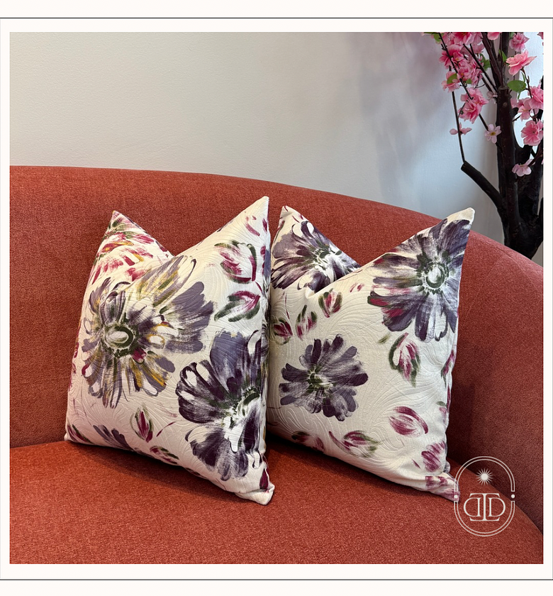 Purple dahlia bloom velvet cushion cover. image