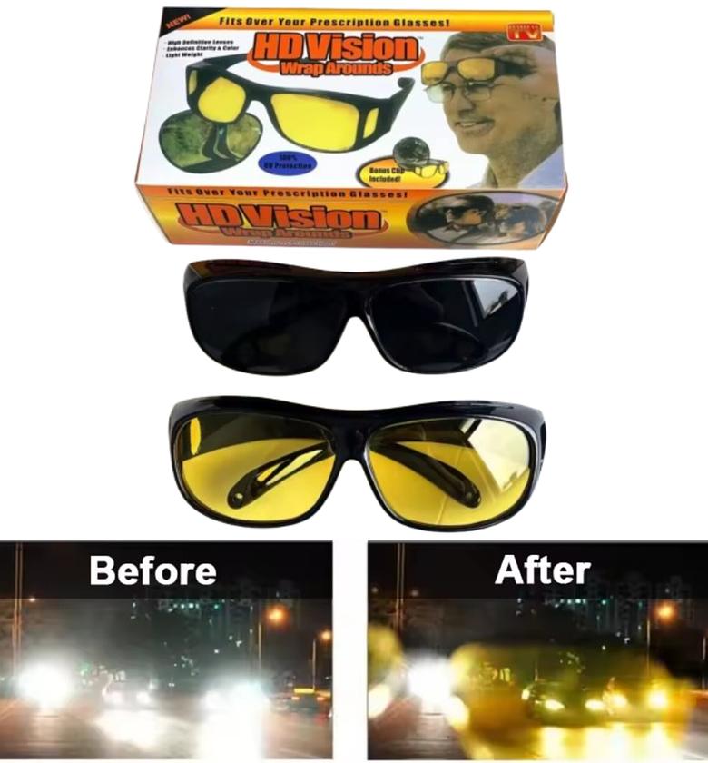 HD Vision Wrap Around Anti-Glare Night Driving & Day Sunglasses Set -  Protection Fits Over Prescription Glasses image
