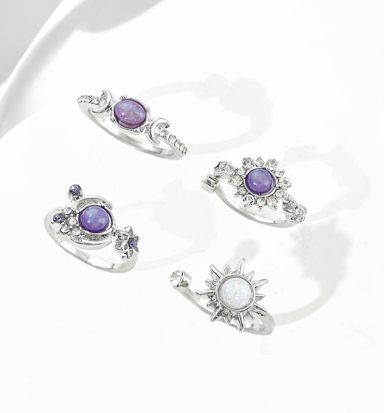 Elegant Geometric Sun Moon Gemstone Ring Set image