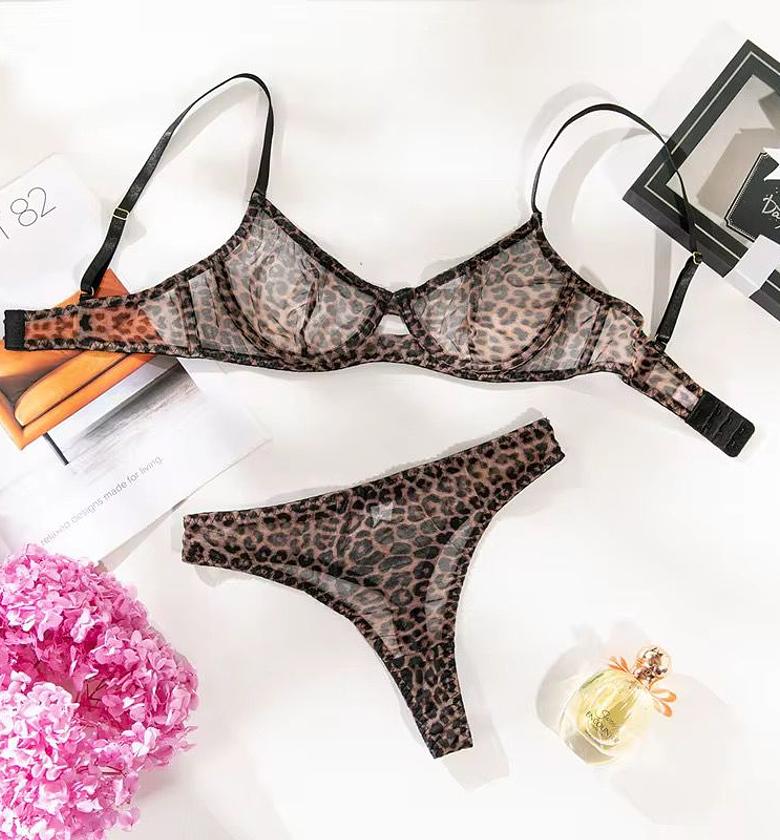 High Quality Breathable Daily Wear Leopard Bra Net Transparent Underwear Set for Women image