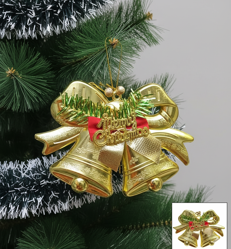 Golden Christmas Bells Bow Ornament, Tree Decoration image