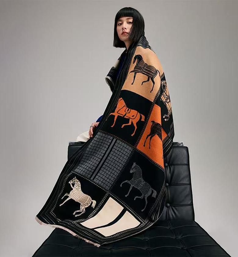 Cashmere Scarf - BLACK/ORANGE/NUDE image