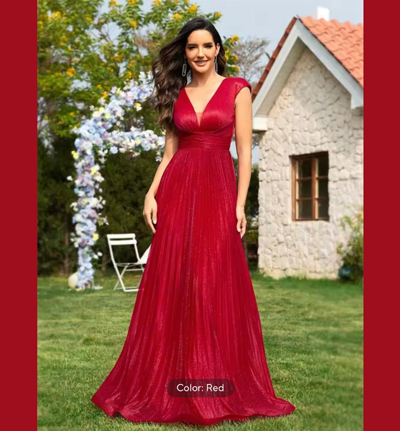 Scarlet Shimmer Pleated V-Neck Gown image
