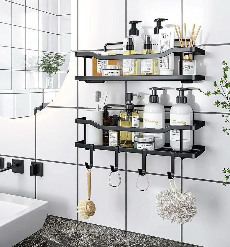 Mystozer black shower caddy with removable hooks image