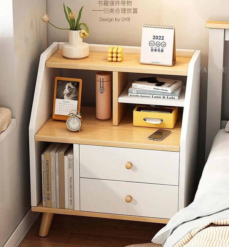 Modern 2-Drawer Bedside Table with Integrated Bookshelf & Storage Organizer for Small Bedrooms image