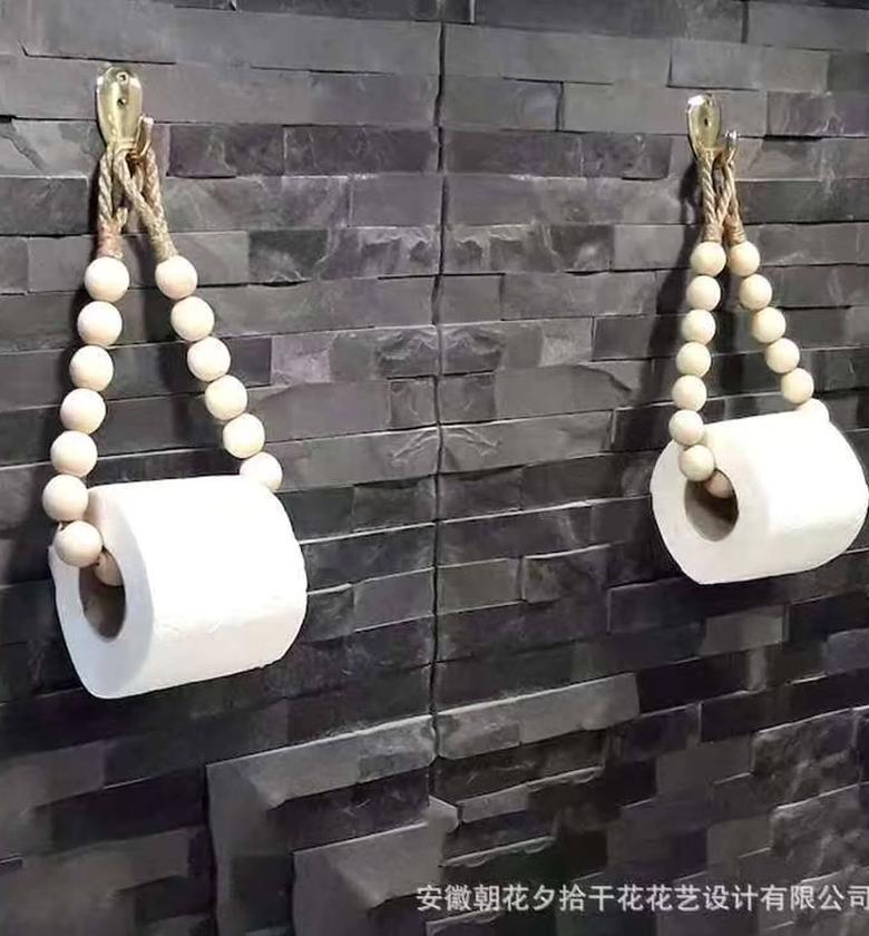 Creative Natural Wood Beaded Toilet Paper Holder with Hemp Rope image