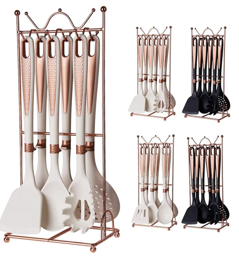 Serving Spoons. 7-piece Silicone Cooking Utensils Set with a Hanging Rack.  image