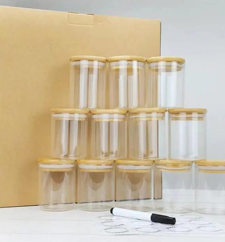 12pcs glass spice jars with bamboo lids. image