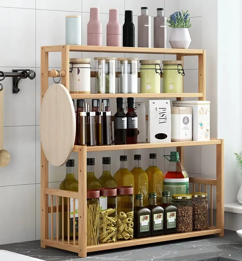 Natural Bamboo 3-Tier Multifunctional Kitchen Organizer Rack image