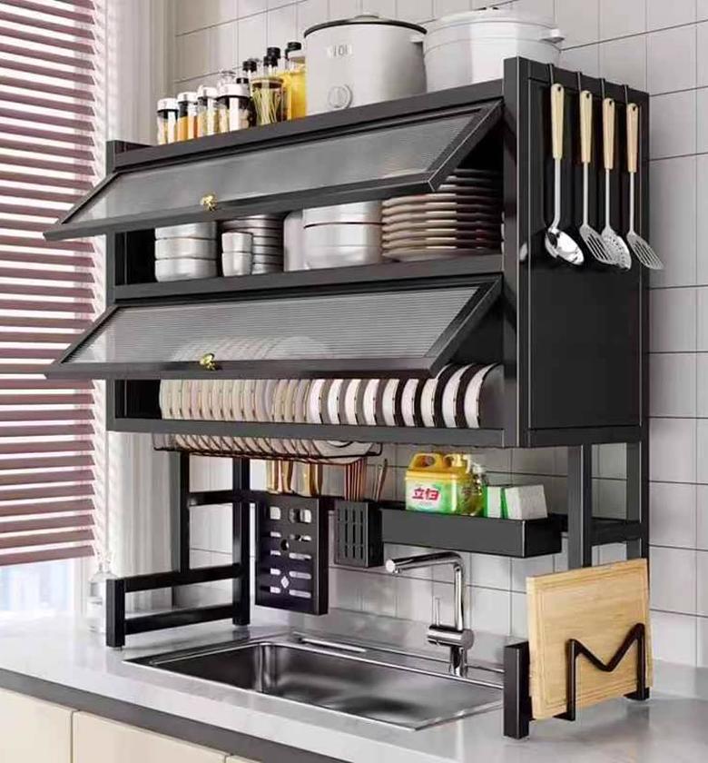 Compact Double Over-the-Sink Dish Rack with Protective Cover image