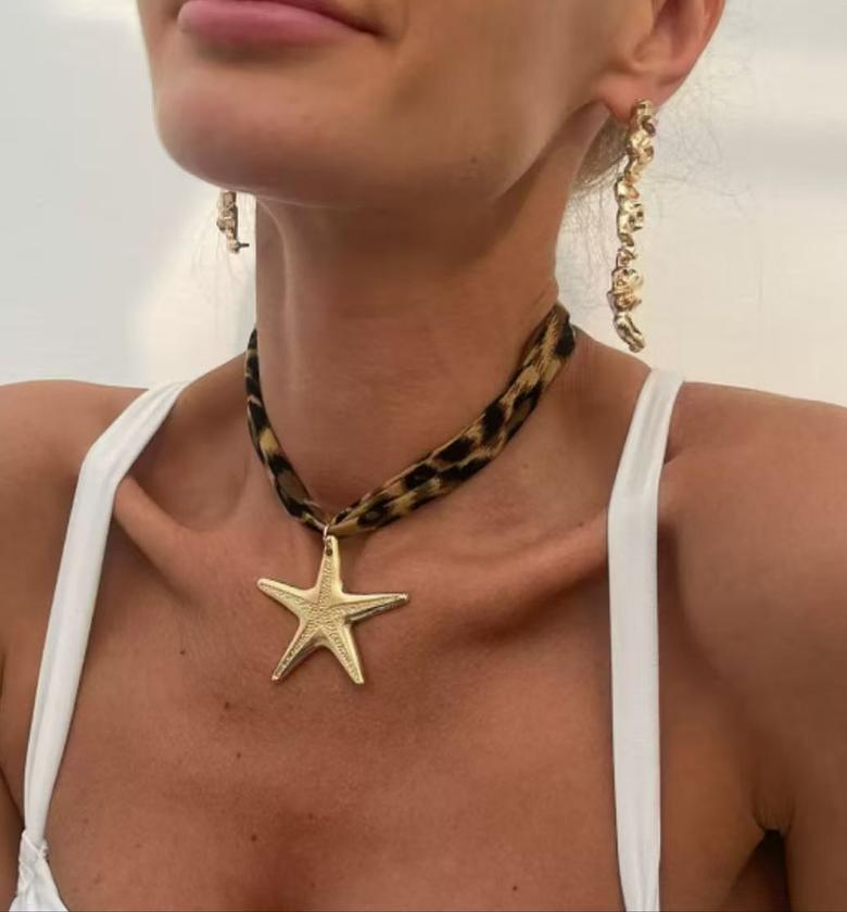 Golden Starfish Pendant with Leopard Print Chain Necklace image