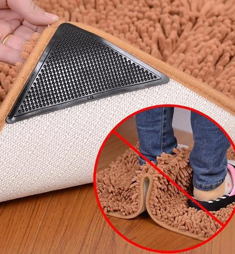 4Pcs Universal Anti-Slip Rug Grippers & Anti-Curling Carpet Corner Pads - Heavy Duty Reusable Silicone Grips for Tiles & Hardwood Floors image