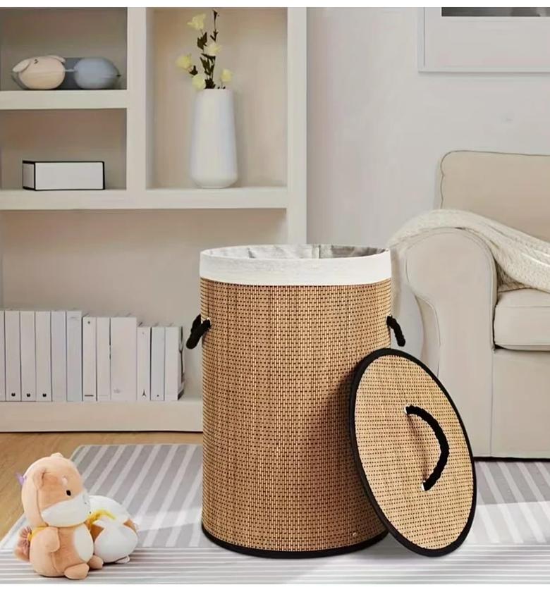 Collapsible Bamboo Woven Laundry Hamper with Lid image