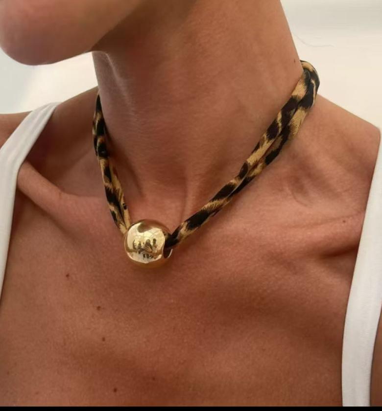 Golden Hammered Disc Pendant with Leopard Print Chain Necklace image