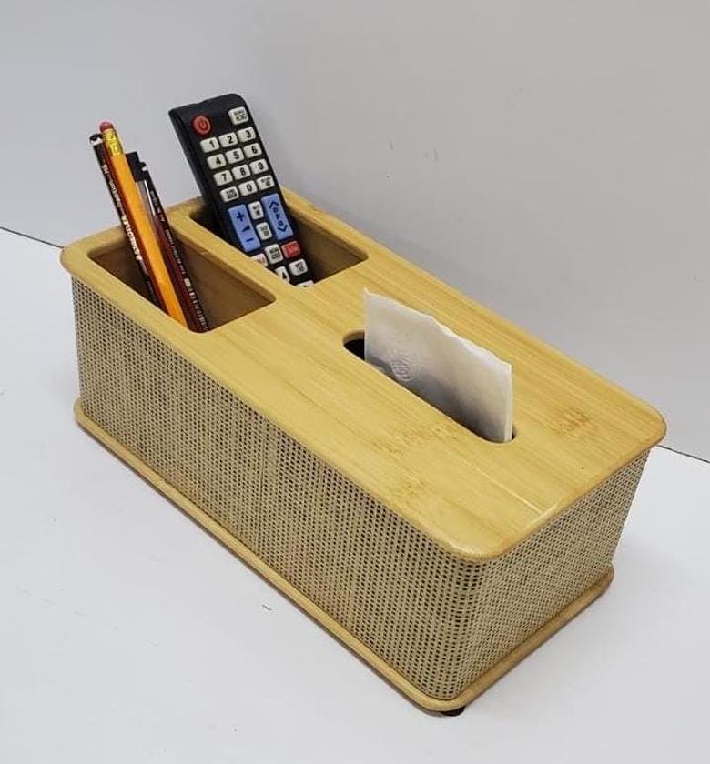 Bamboo Tissue Box With Remote Pen Holder Organizer image