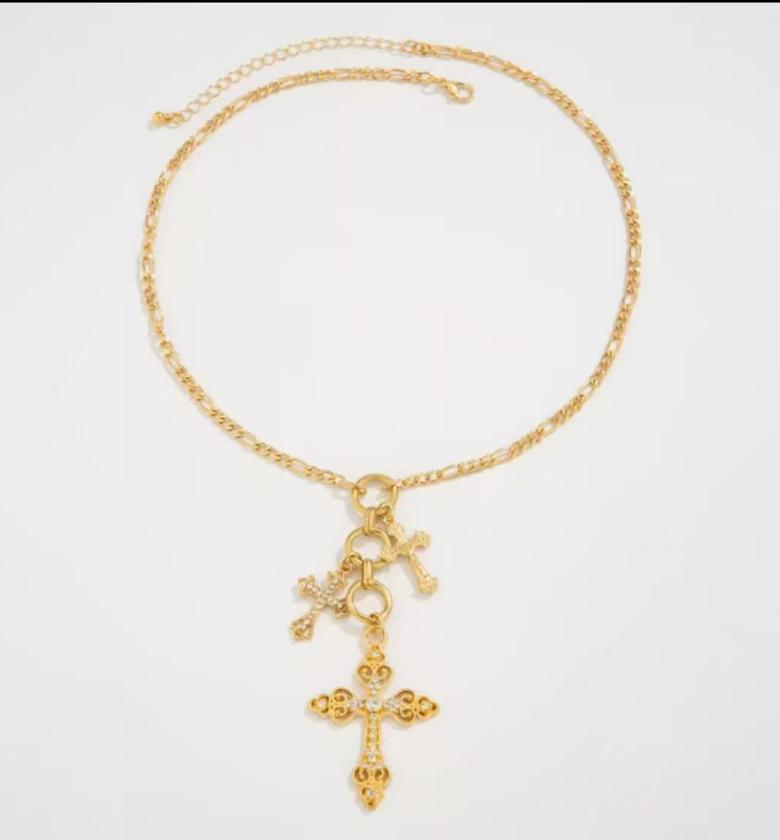 Golden Ornate Cross Charm Necklace with Chain Links image