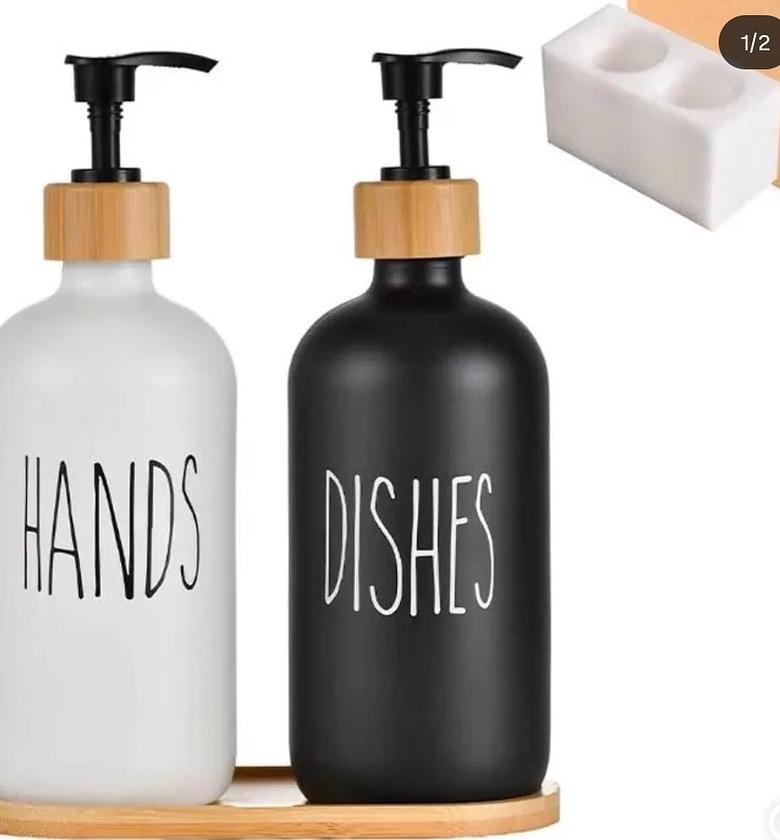 Ceramic soap Lotion Dispensers with bamboo holder. image