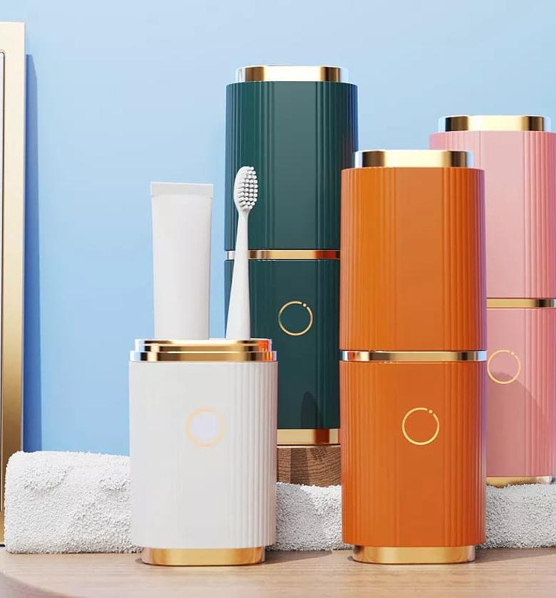Luxury Portable Travel Toothbrush Case & Toothpaste Holder Organizer Cup with Gold Trim – Aesthetic Bathroom Storage for Travelers image