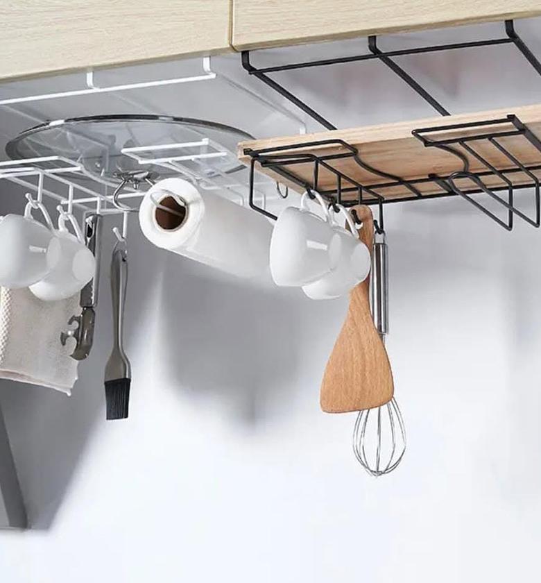Metallic under the shelf organizer with hooks. image